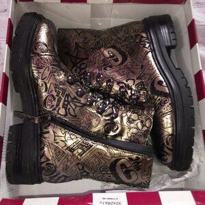 Pewter Graffiti logo designed boots w/chain laced front and zip up inside
